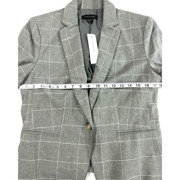 Ann Taylor Women’s Size 4 Linen Blend Gray Windowpane Plaid One Button Blazer - Picture 3 of 8